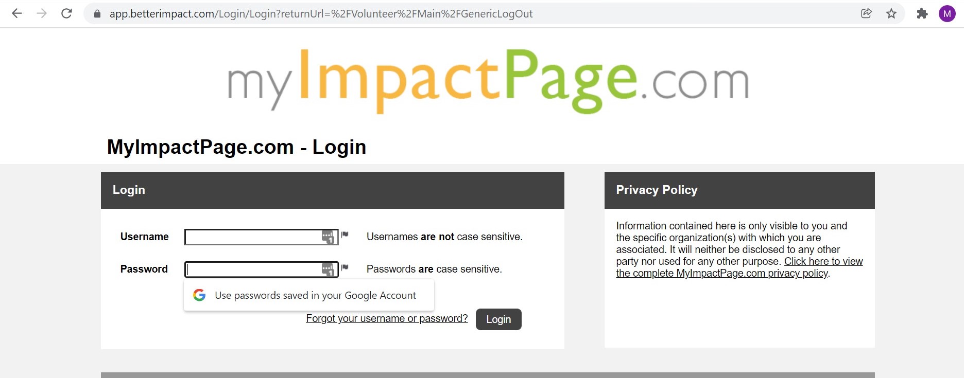 Volunteer Impact Sign In Page