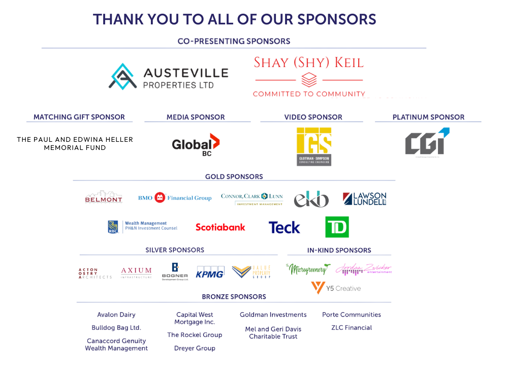 Thank you to all our sponsors! Co-presenting sponsors: Austeville Properties Ltd., Shay (Shy) Keil; Matching Gift sponsor: The Paul and Edwina Heller Memorial Fund; Media sponsor: Global BC; Video sponsor: Glotman Simpson Consulting Engineers; Platinum Sponsor: Cristall Group Investments Inc.; Gold sponsors: Belmont Properties, BMO Financial Group, Connor, Clark & Lunn Investment Management, Edwards, Kenny and Bray LLP, Lawson Lundell LLP; RBC Wealth Management PH&N Investment Counsel, Scotiabank, Teck, TD Wealth; Silver sponsors: Acton Ostry Architects, Axium Infrastructure, Bogner Development Group Ltd., KPMG, Value Property Group; In-kind sponsors: The Microgreenery, Jordan Zwicker Entertainment, Y5 Creative; Bronze sponsors: Avalon Dairy, Bulldog Bag Ltd., Canaccord Genuity Wealth Management, Capital West Mortgage Inc., The Rockel Group, Dreyer Group, Goldman Investments, Mel and Geri Davis Charitable Trust, Porte Communities, ZLC Financial.