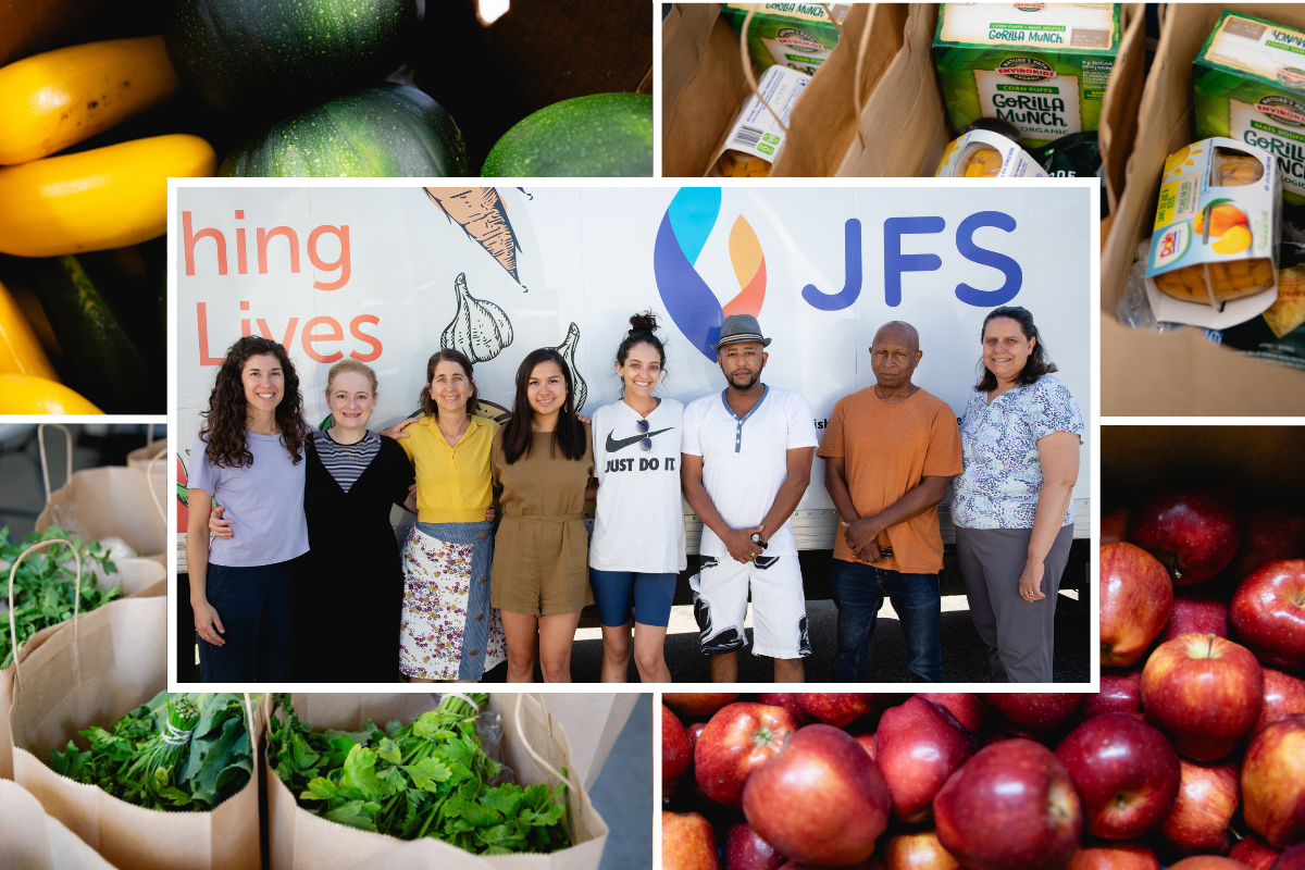 Foreground image: the Kitchen staff standing in front of the JFS truck. Background images: fresh food provided by the Grocery Program.