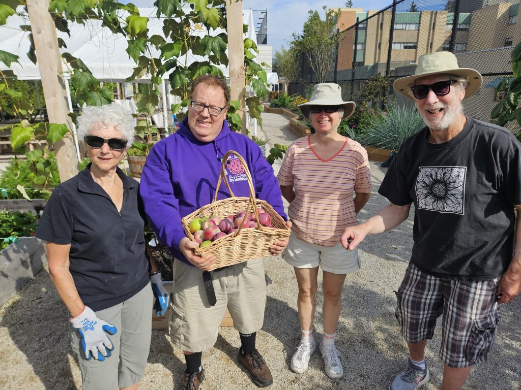 Four volunteers standing in the garden together smiling. One of the volunteers is holding a basket of apples that were just picked from the many apple trees in the garden.